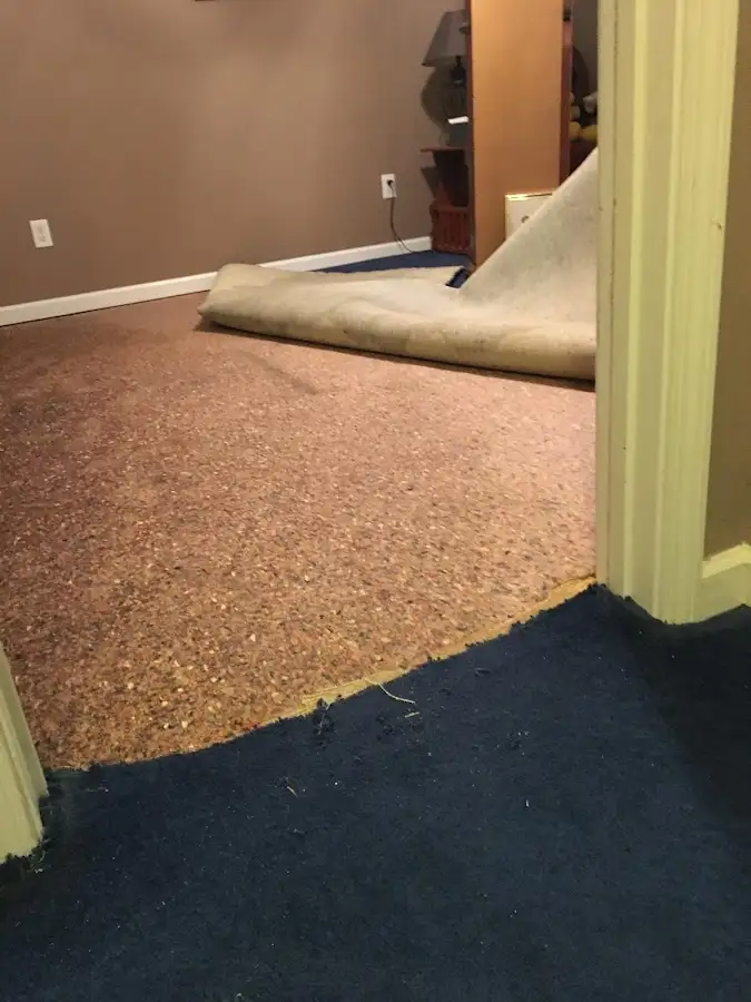 Carpet pad removal revealing water damage during Water Mitigation Services in Vernal